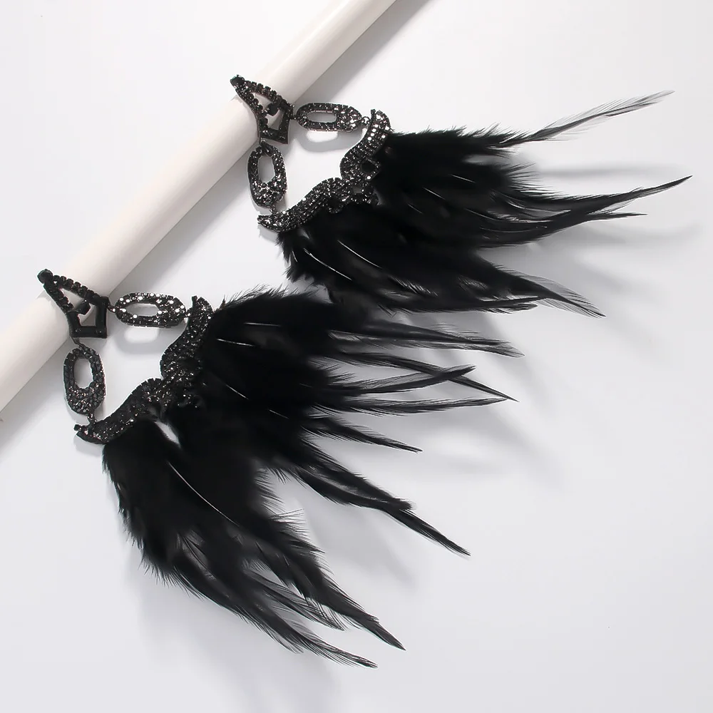 Stonefans Boho Black Feather Earrings Dangle Belly Dance Women 2024 Indian Bridal Exaggerate Rhinestone Earrings Prom Jewelry