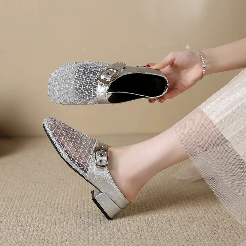 3.5cm Med Heels Elegant Women Slides Silver Mesh Heeled Sandals Metal Buckle Slides Sexy Woman Shoes Plus Size 44