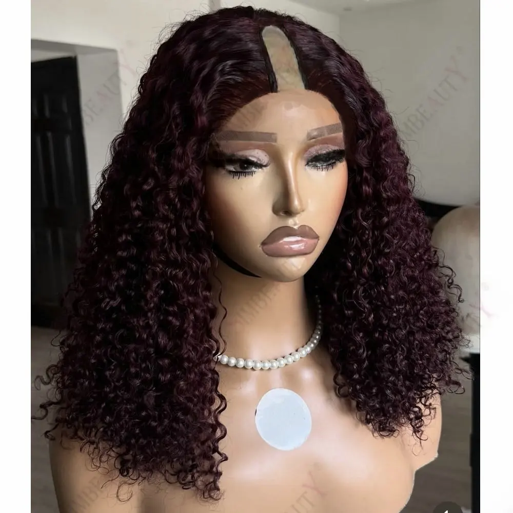 

Black Women's Wig Dark Burgundy Red Natural Human Hair V Part Wigs Kinky Curly Glueless With Clips 1x4 Size Opening U Part Wigs