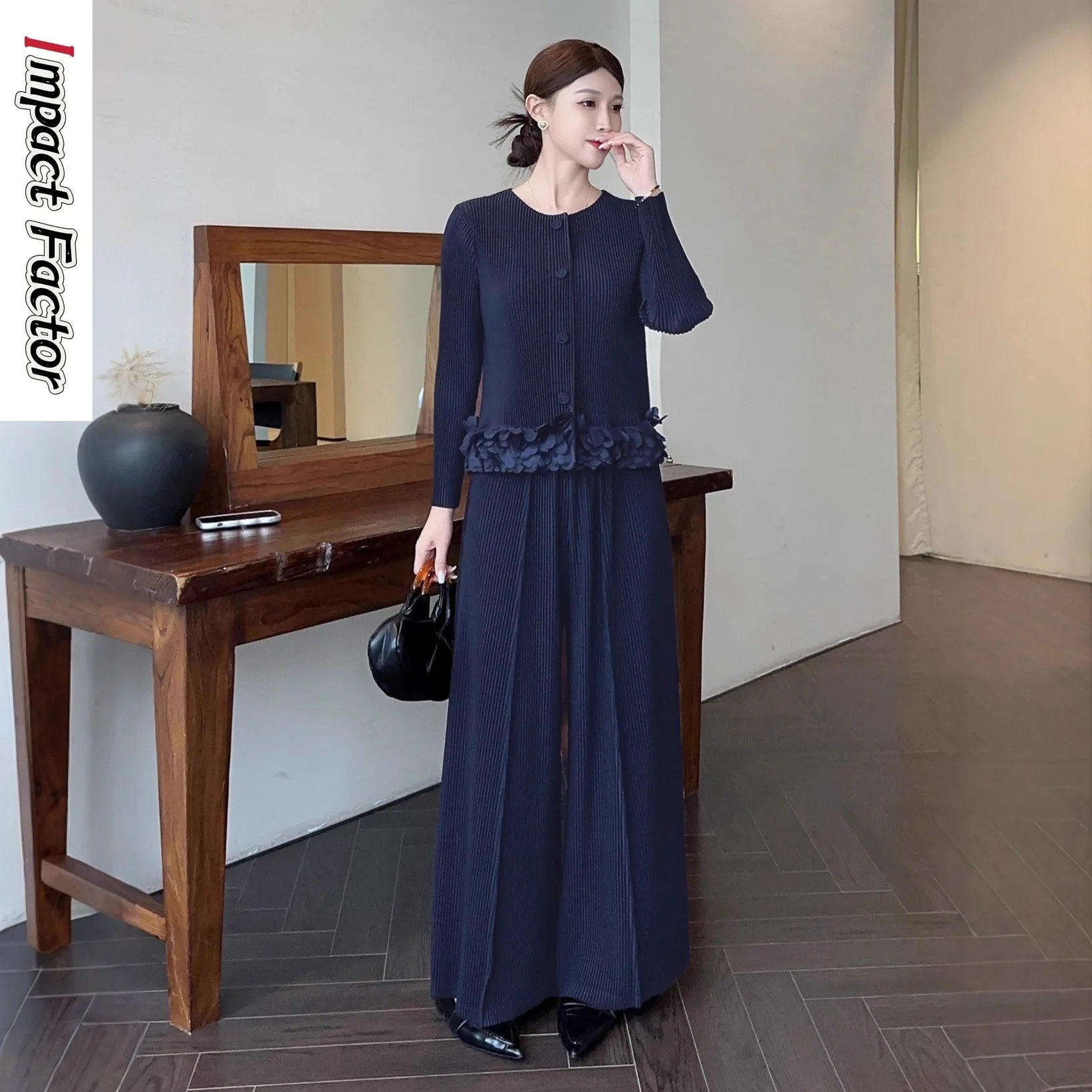 Miyake haut de gamme à la mode automne nouveau costume femmes boutonnage veste à manches longues + taille haute pantalon à jambes larges ensemble deux pièces