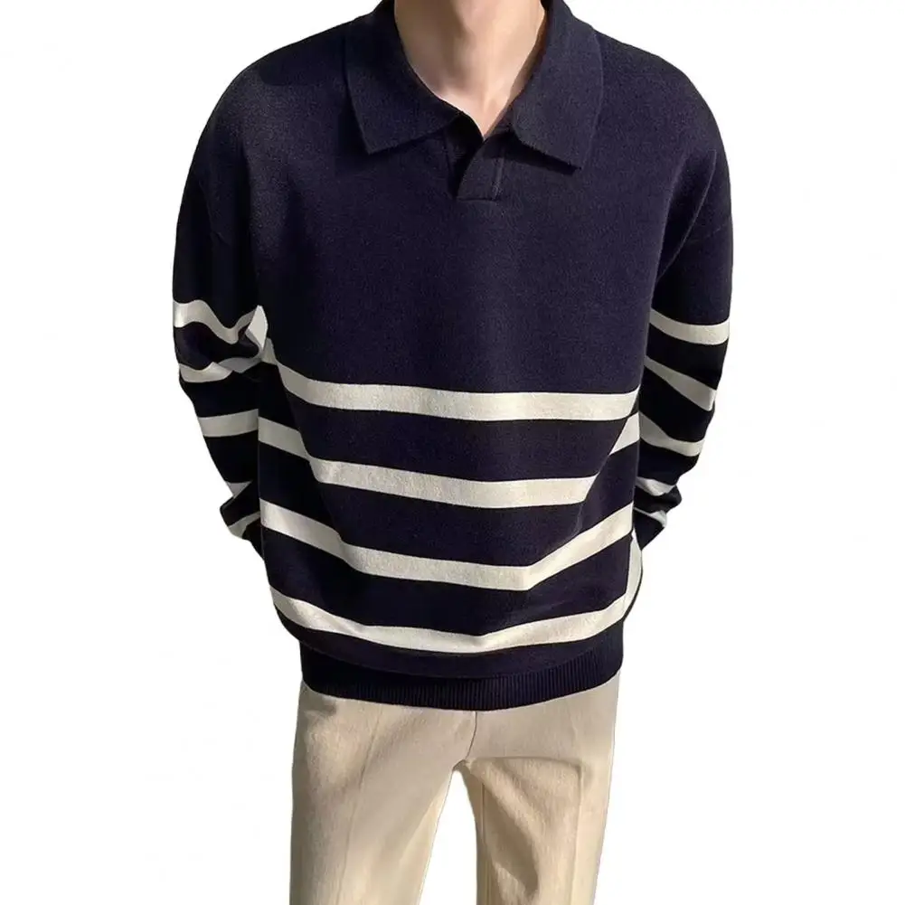 Men's Ribbed Collar Sweater Colorblock Striped with Turn-down Collar Knitted Loose Pullover English School Style