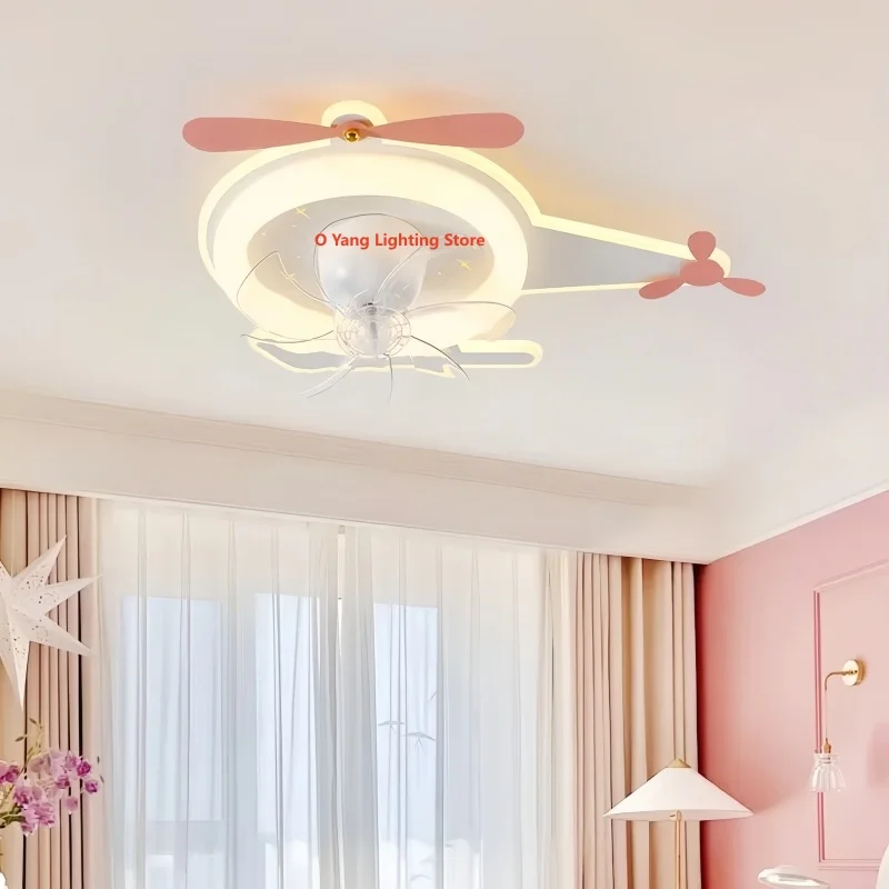 Blue Pink White Helicopter Aircraft Design Ceiling Fan with LED Chandelier Lamp Kids Lighting Fan with Light