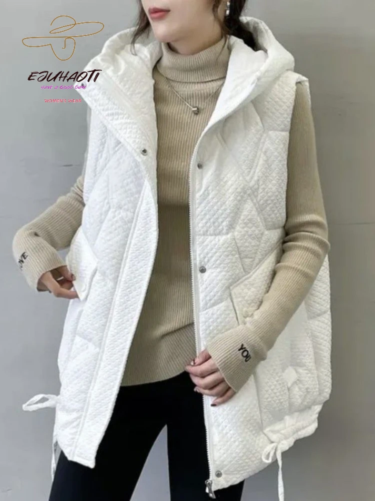 2024 New Women\'s Vest Autumn Winter Hooded Thicken Loose Appear Thin Waistcoat Mid Length Version Down Cotton Sleeveless Jackets