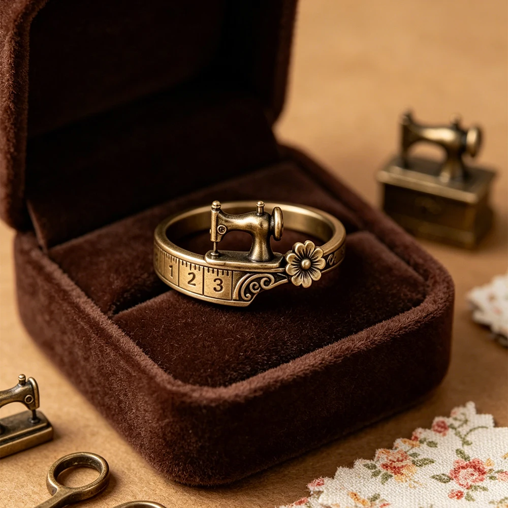 Vintage Sewing Machine Ring for Women, Antique Bronze Adjustable Open Ring with Flower & Ruler Detail, Tailor Seamstress Jewelry
