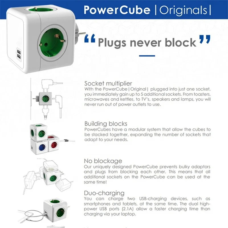 سدادات متعددة اللصوص MASSFA مع شريطي طاقة USB ، مقسم تمديد Powercube ، مقبس 4AC للطاقة الكهربائية ، مقابس أوربي ، إسبانيا