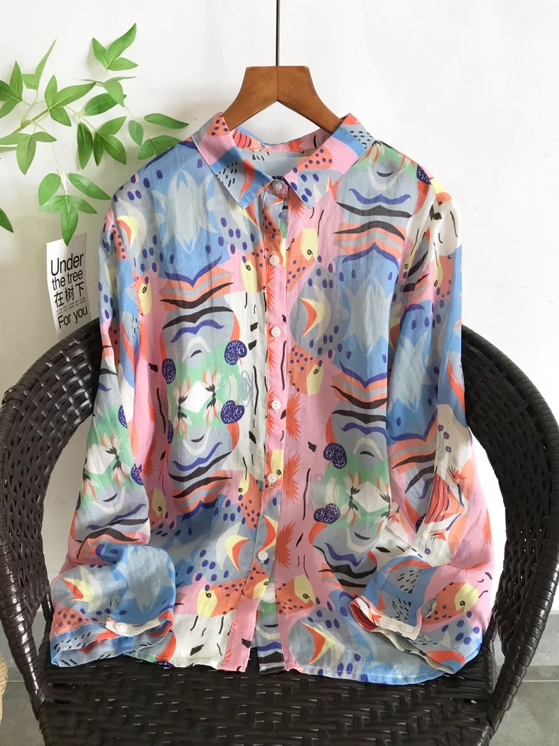

2025 Original autumn woman clothing cartoon print shirts ramie long sleeve blouses for women autumn Hawaiian shirt