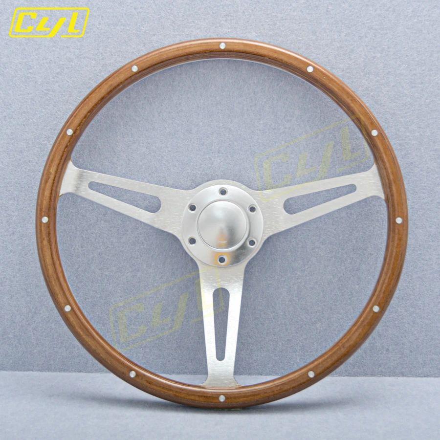 CYL 15inch Classic Real Wood Steering Wheel Silver Spoke Vintage Grain Wood Steering Wheel With Rivet