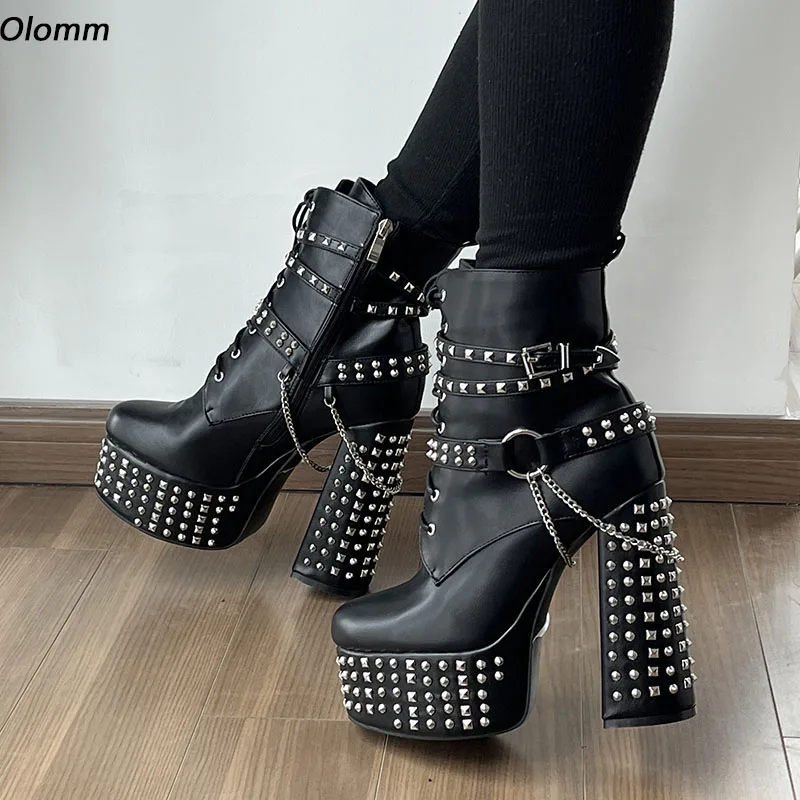 

Olomm Handmade Women Platform Winter Ankle Boots Studded Chunky Heels Round Toe Pretty Black Punk Shoes Plus Size 5-20