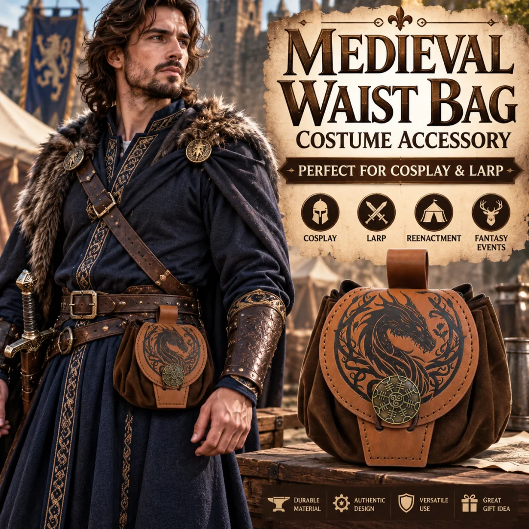 Halloween Medieval Dragon Pattern Waist Bag Vintage Leather Pouch LARP Cosplay Belt Purse Party Dress-up Costume Accessory
