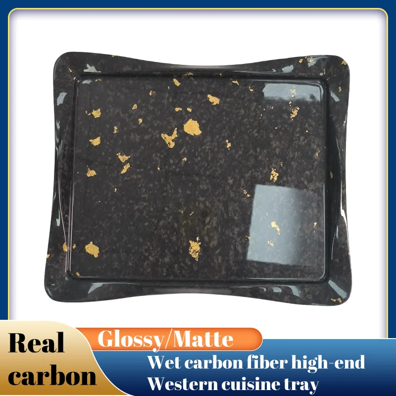 Bandeja de fibra de carbono seca 3K con incrustaciones de hojas doradas, plato de aperitivo forjado de 30x25cm, servicio de lujo moderno