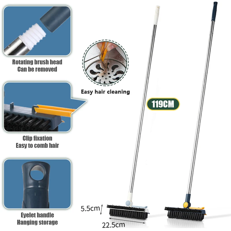 3-in-1 Floor Scrub Brush Gap Groove Cleaning Scraping Brush Long Handle Stiff Broom Mop 180°Rotating Cleaning Brush for Bathroom