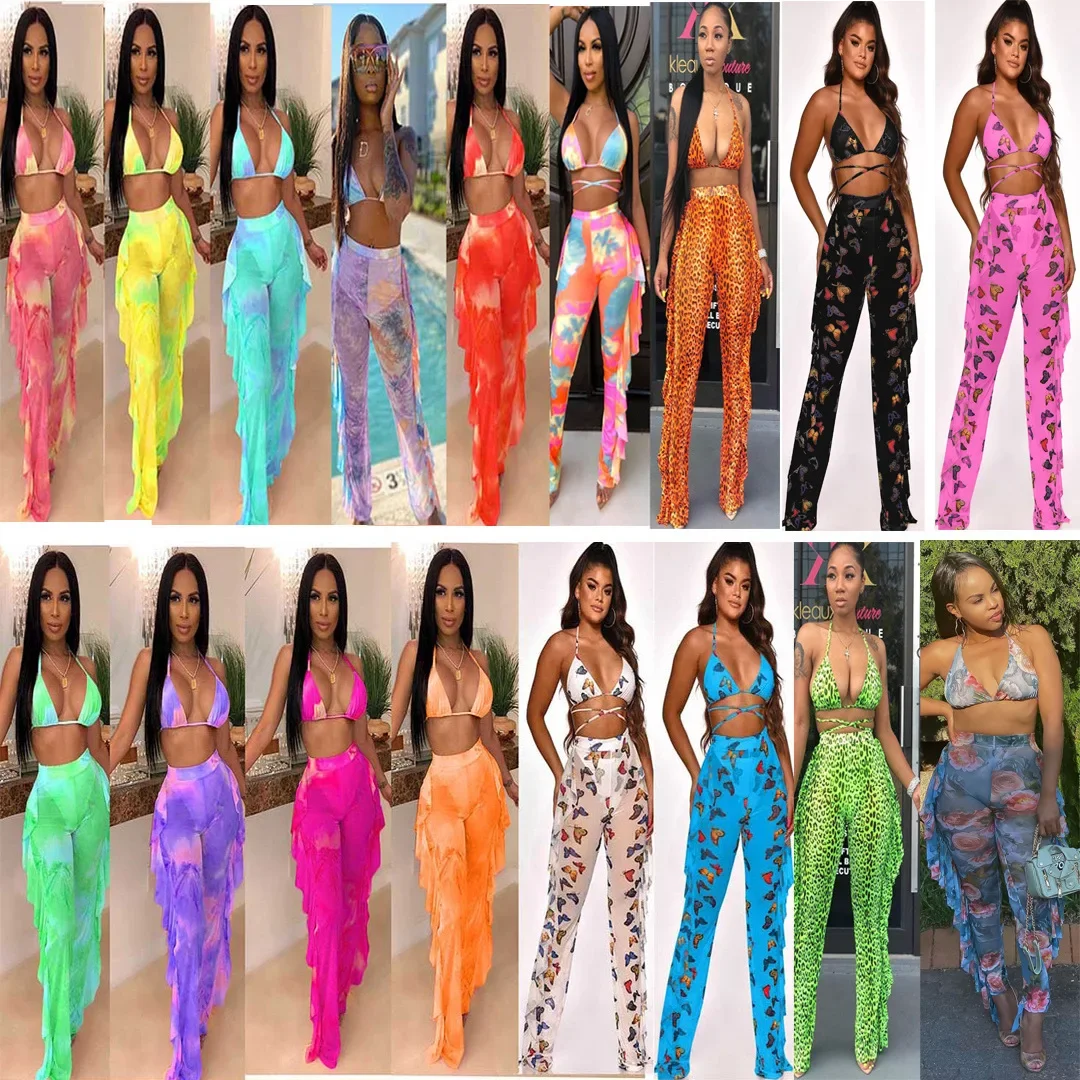 Women Beachwear 2 Piece Swimsuit Lady Bikini Crop Top Bra And Ruffles Flare Pants Beach Fashion Swimwear Two Piece Set Outfits