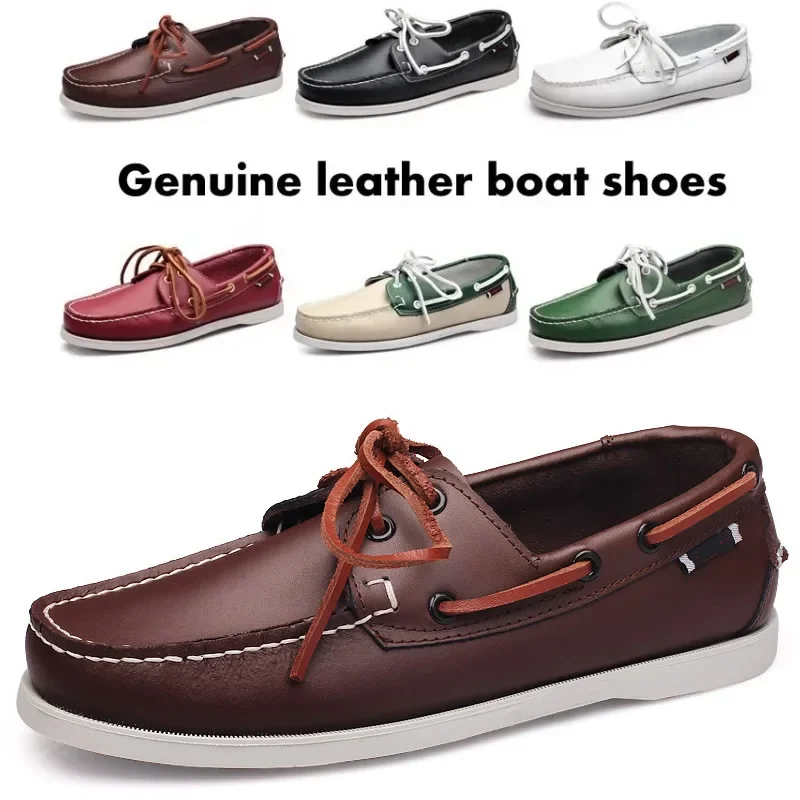 Luxury Genuine Leather Docksides Classic Boat Shoes Mocassins Handmade Shoes Mens Casual Non-Slip Rubber Outsoles