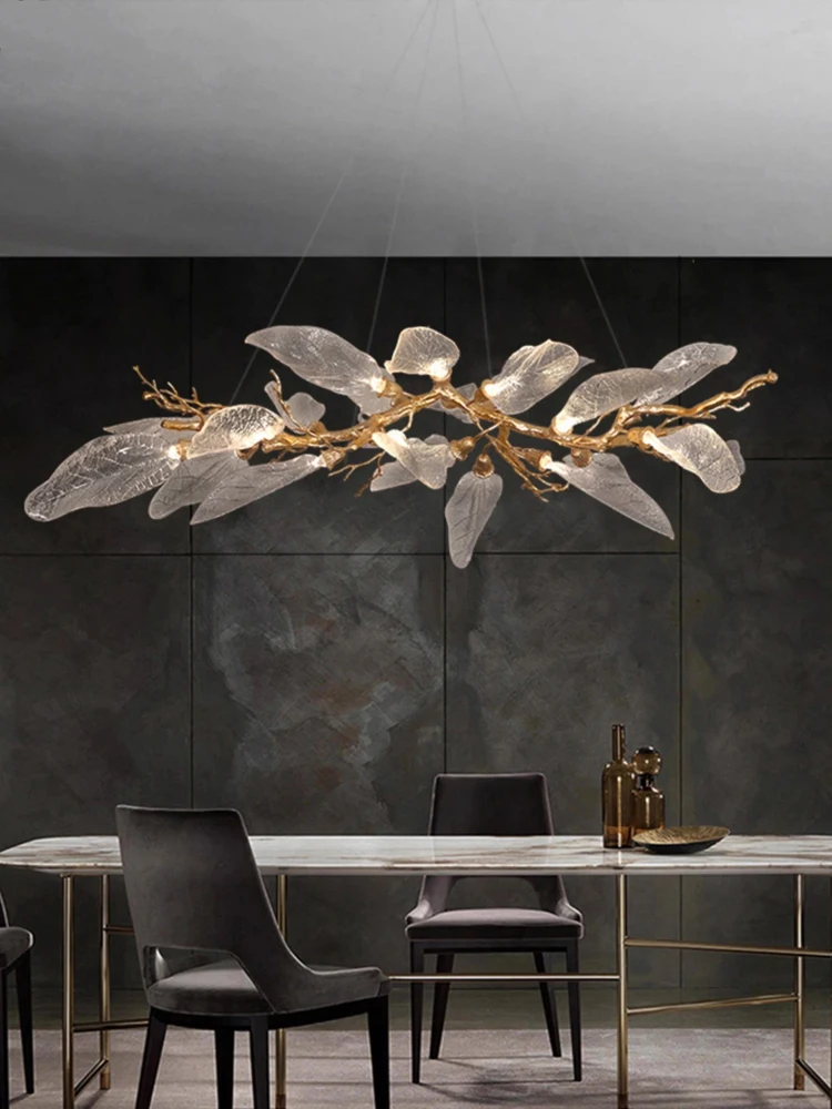 Full Copper Light Luxury Living Room LED Pendant Light Modern Minimalist Villa Dining Room Light Transparent Tree Leaf Light