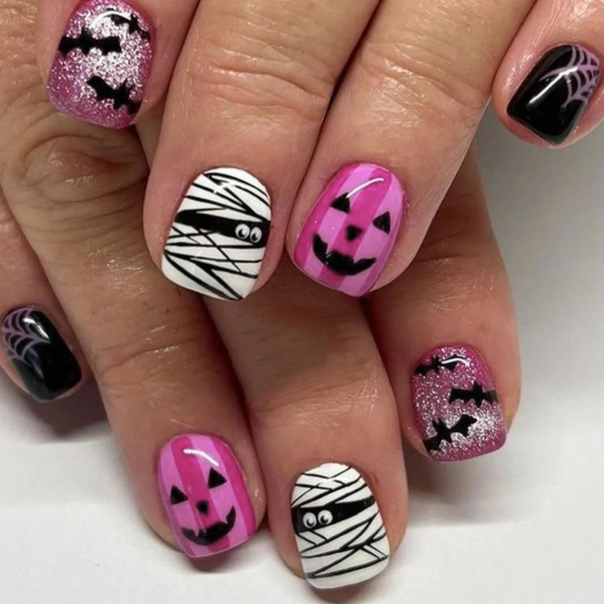 Halloween Pers Op Nagels Vierkant Korte Nep Nagels Met Spinnen Webontwerpen Matte Halloween Acryl Valse Nagels Vleermuis Druk Op Nagels