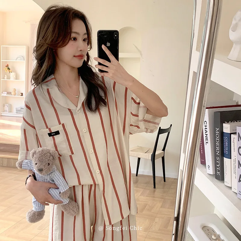 Summer Pajamas Stripe Short Sleeved Sleepwear Women\'s Pajamas Set Casual Homewear Cute Pajama Nightwear