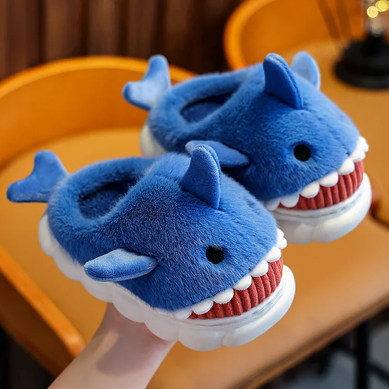 Winter Cotton Slippers Children Cute Cartoon Shark Non-slip Soft Sole Flip Flops For Kids Girls Baby Boys Warm Plush Home Shoes