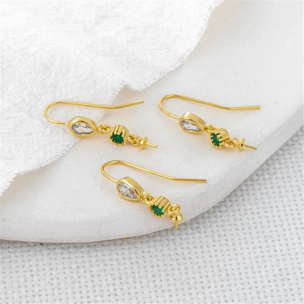 14K Gold Inlaid Zircon Water Drop Round Belt Holder Needle, Ear Hook DIY Jewelry Accessories