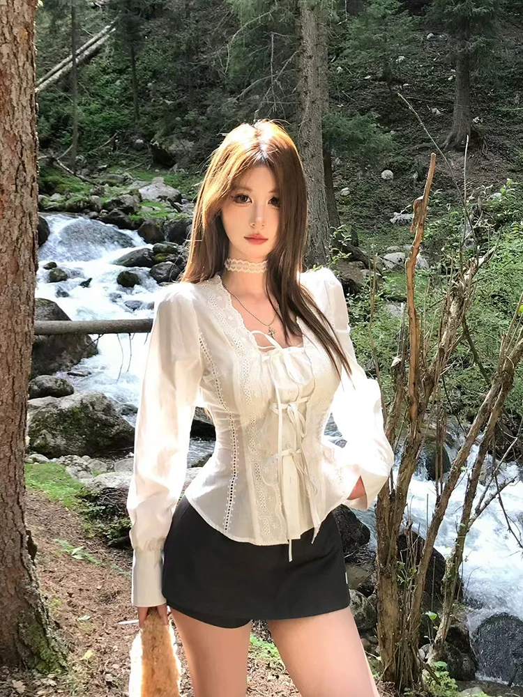 

Lace Patchwork Women White Shirt Korean Chic Slim Long Sleeve Lace Up Female Tops Japanese Sweet Preppy All Match Blouse