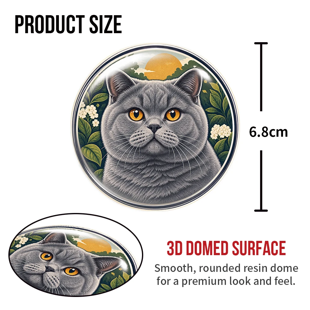 British Shorthair Cat 3D Resin Domed Sticker Round Cat Art Waterproof Decal Self Adhesive Emblem for Car Laptop Tumbler Helmet