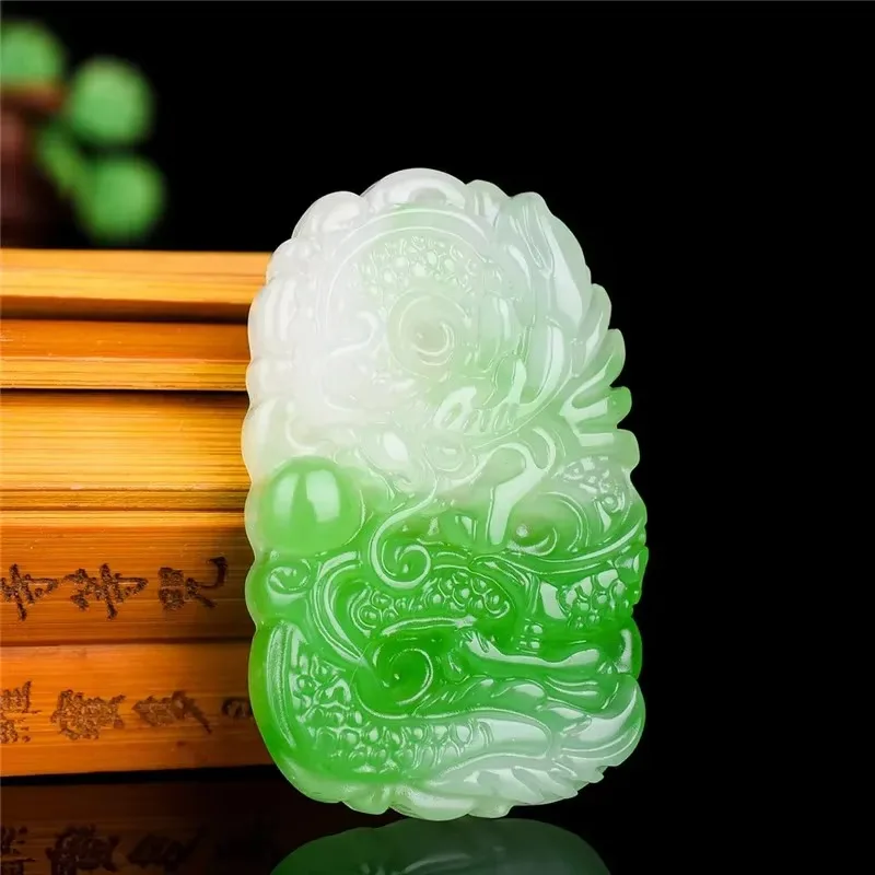 

Green and White Hand-Carved Jade Dragon Pendant Beads Necklace Natural Chinese Carved Jadeite Jewelry Charm Amulet Fashion Gifts
