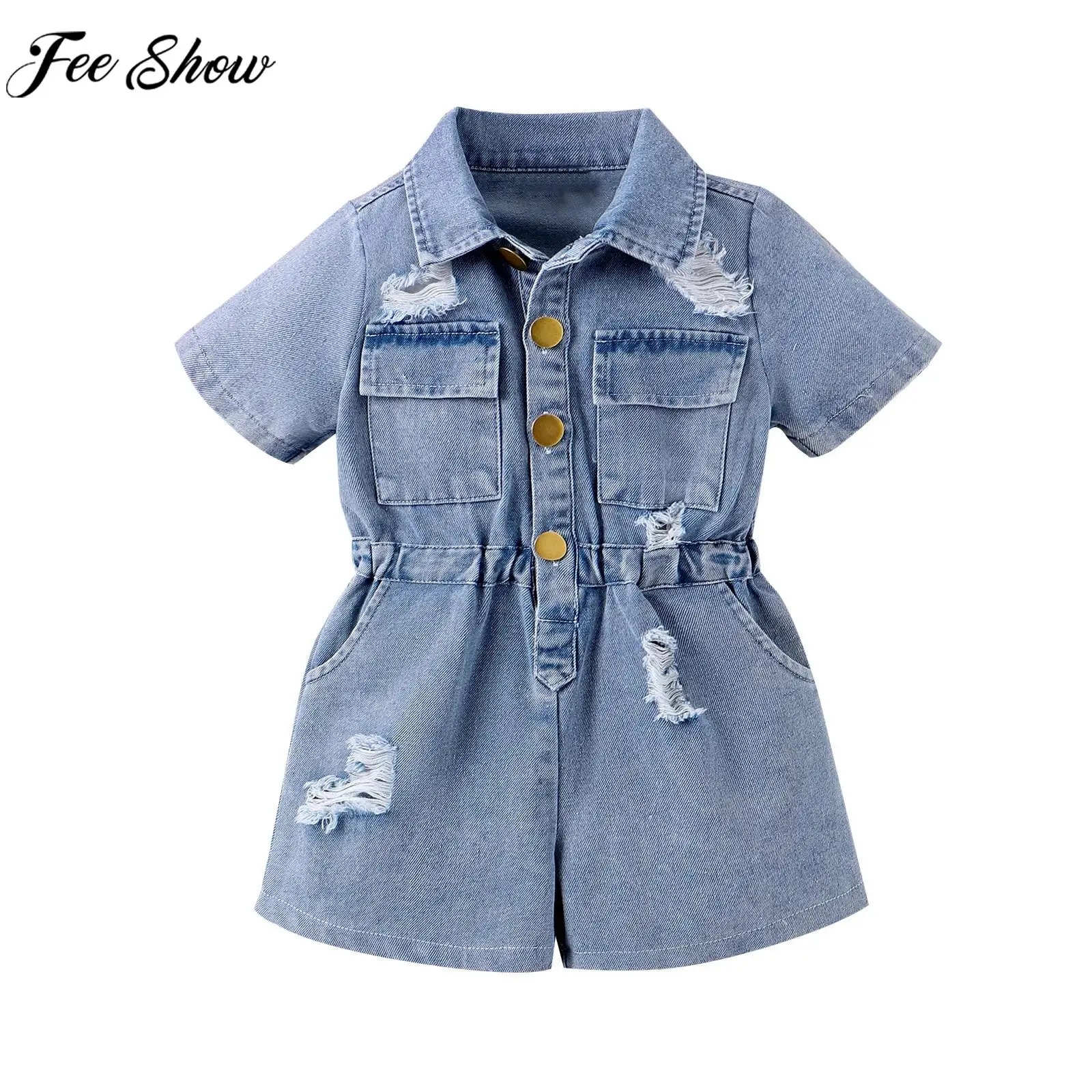 

Children Girls Summer Fashion Casual Jeans Overalls Short Sleeve Lapel Ripped Denim Romper Jumpsuit for Daily School Party Wear