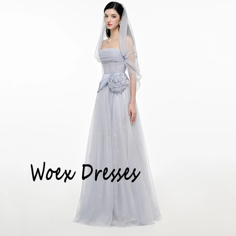 Personalizado fora do ombro tule cinza chão vestido de noite sem mangas flor apliques vestido de festa a linha até o chão vestido de baile
