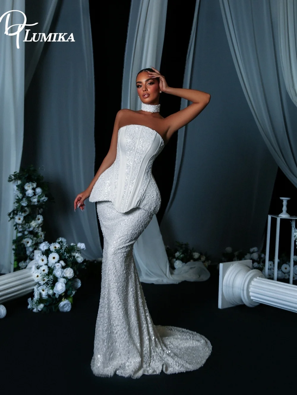 DTLumika Glamorous Strapless Peplum Sequin Mermaid Wedding Dress 2027 Corset Fitted Bridal Gown Vestidos De Novia Customized