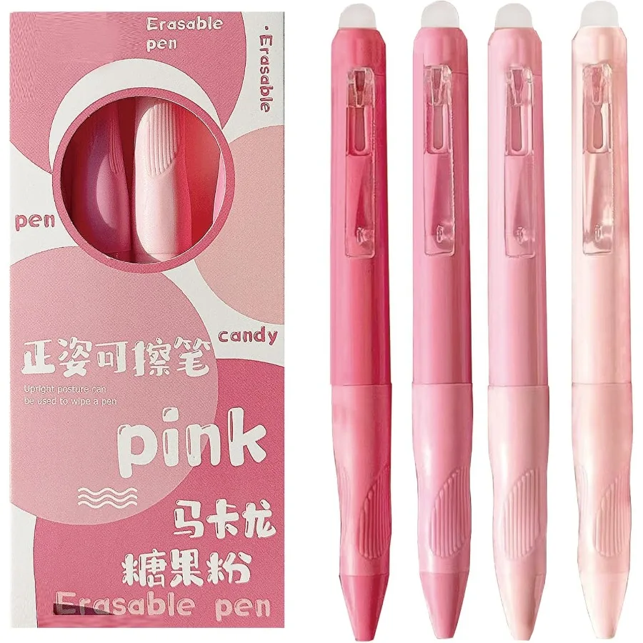 

4 Pcs Cute Erasable Gel Pens Pink Retractable Erasable Pens 0.5mm Black Ink Smooth Writing Pen Aesthetic Pens for Women Girls B