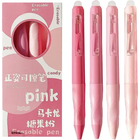 4 Pcs Cute Erasable Gel Pens Pink Retractable Erasable Pens 0.5mm Black Ink Smooth Writing Pen Aesthetic Pens for Women Girls B