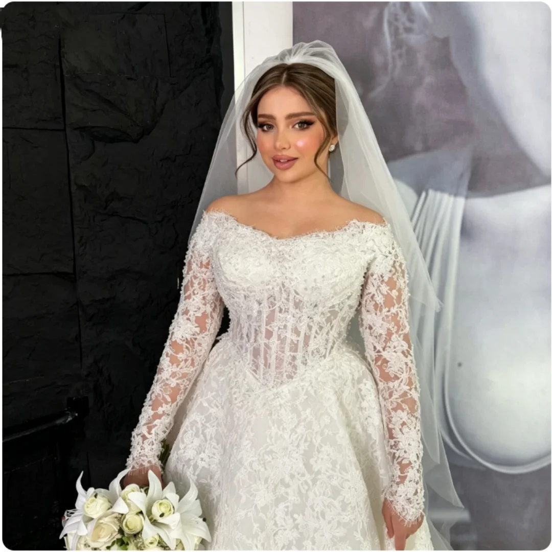 Custom Off‑the‑Shoulder Long Sleeve Lace Wedding Dress 2026 Sheer Corset Heavy Beaded A‑Line Bridal Gown
