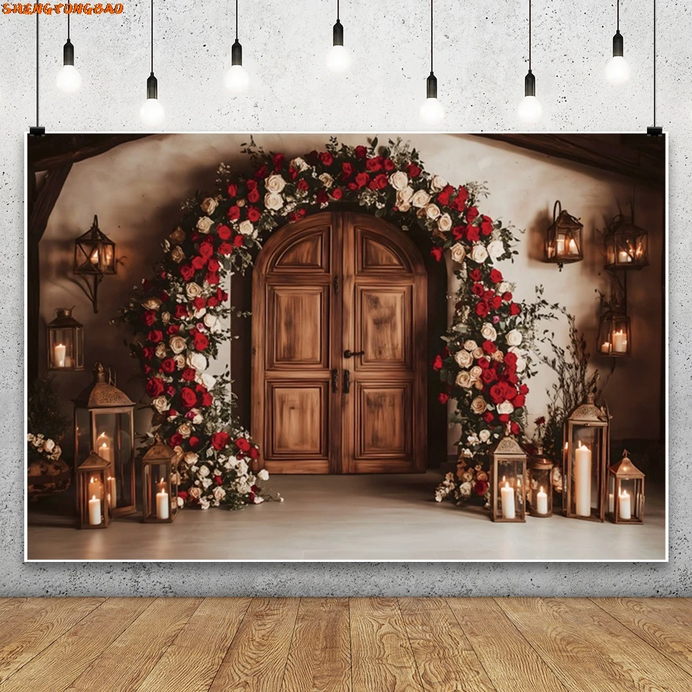 Valentine's Day Photography Backdrops Red Rose Candle Brick Wall Arch Door Wedding Bridal Shower Background Photo Booth Studio
