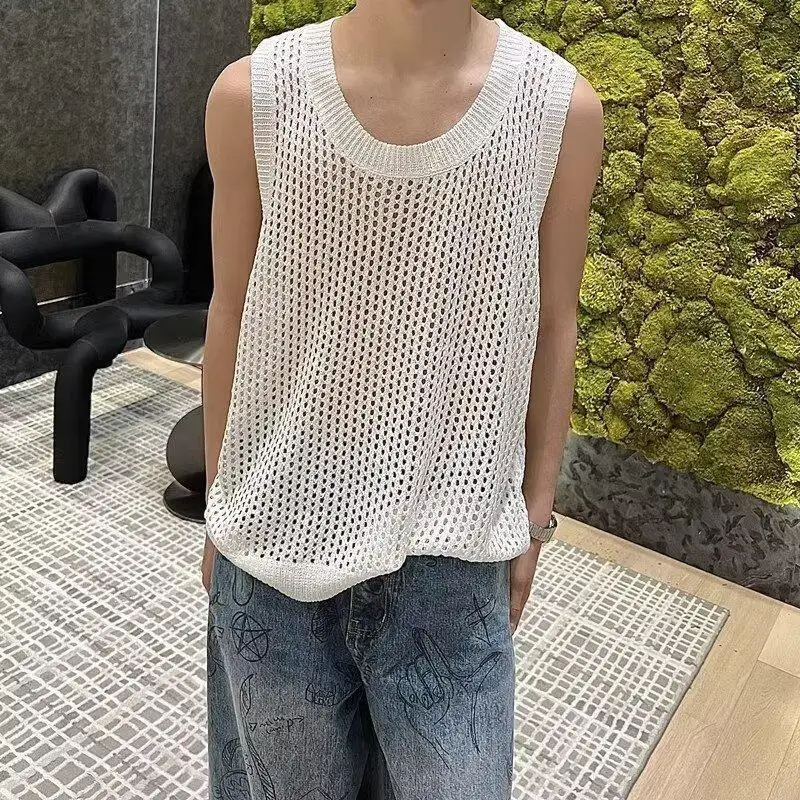 

New Summer Youth Hong Kong Style Trend Sleeveless Short Sleeves Popular Simple And Versatile Hollow Vest Vest Vest Tide