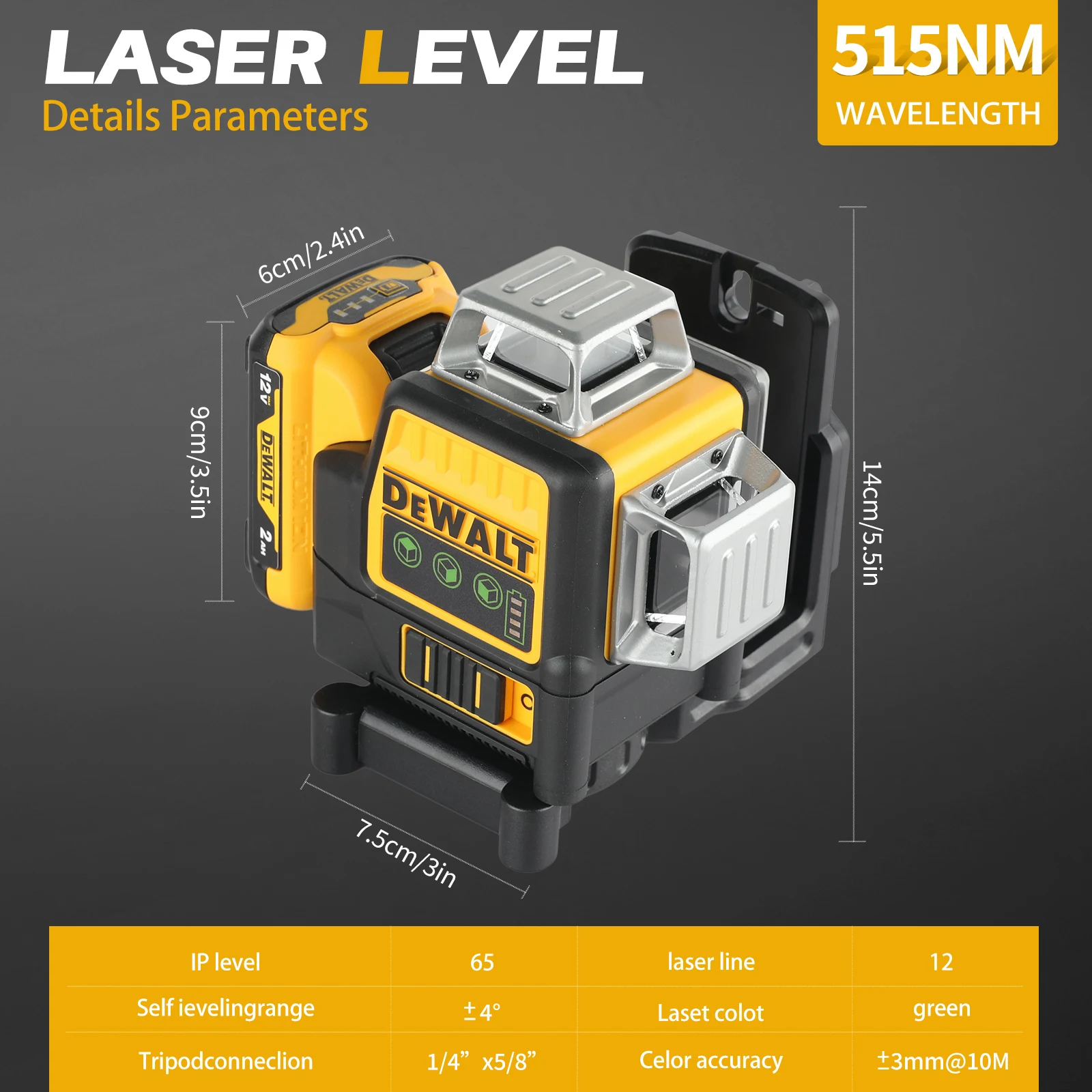 DEWALT 089 12-Line 3-Side 360° Green Laser Level 12V Strong Light