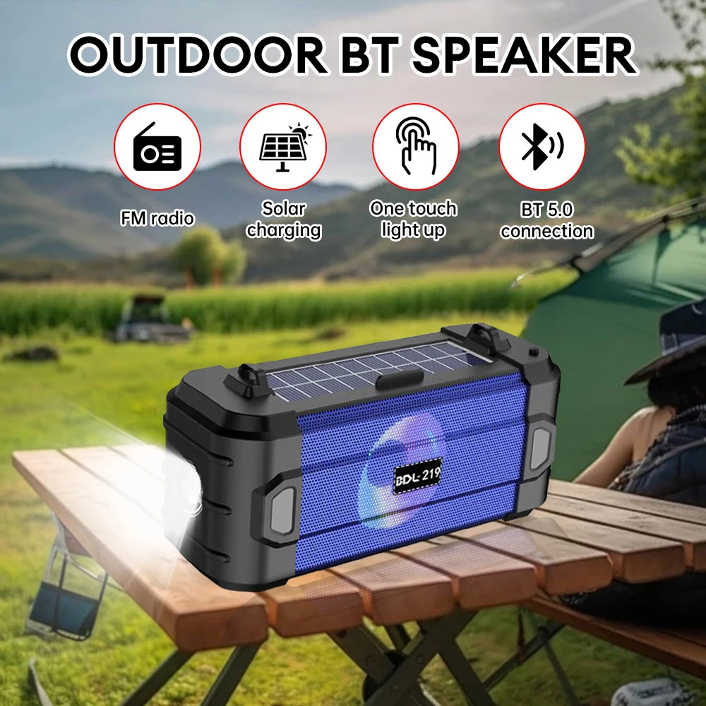 Solar Power Bluetooth Speaker Outdoor Waterproof Multifunction Wireless Speaker FM Radio Player with Flashlight Stereo Subwoofer