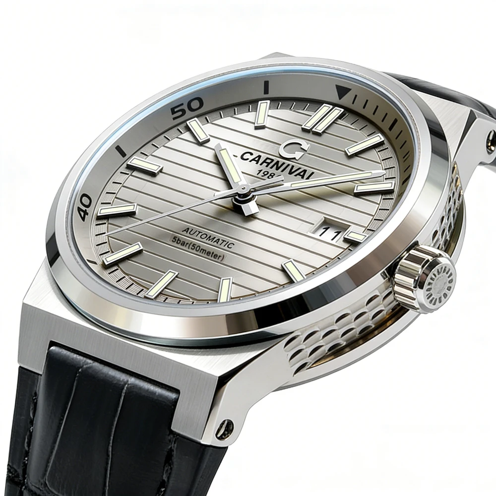 Carnival Brand New Luxury Imported Movement Mechanical Watch Men Leather Strap 50M Waterproof Date High-End Sapphire Watches Men
