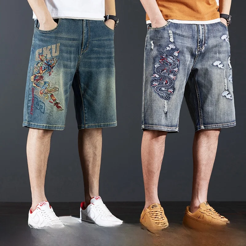 

Trendy Embroidered Denim orts Men's Loose Fit Summer Thin Hole Five-Point Mid-Pants Youth Faion Cotton Polyester Blend