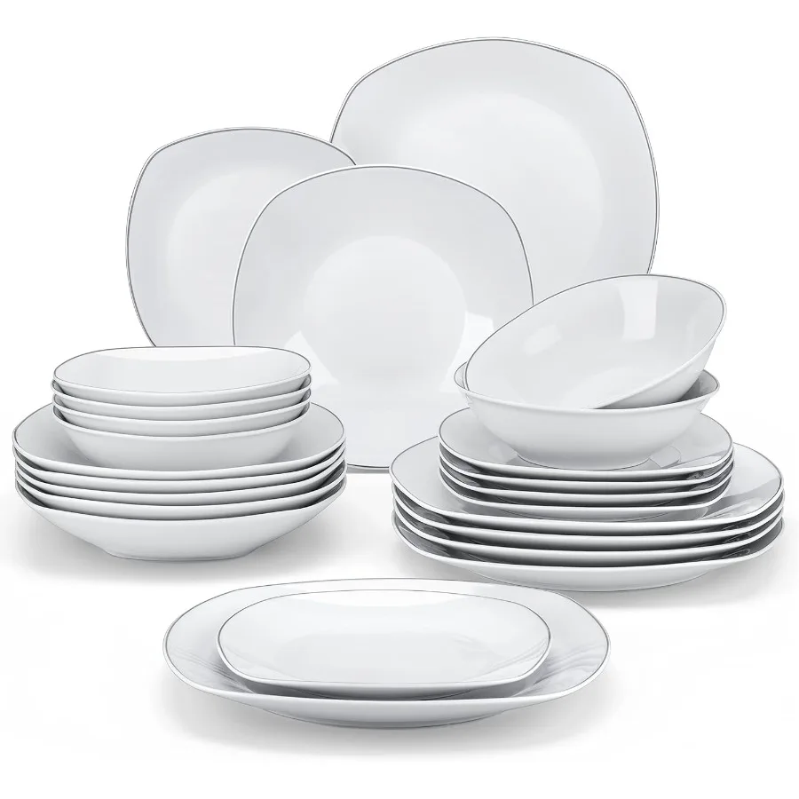 

24Piece Porcelain Dinnerware Set with Square Dishes in White and Silver Rim Ceramic Dishware for 6 People ChipResistant Tablewa