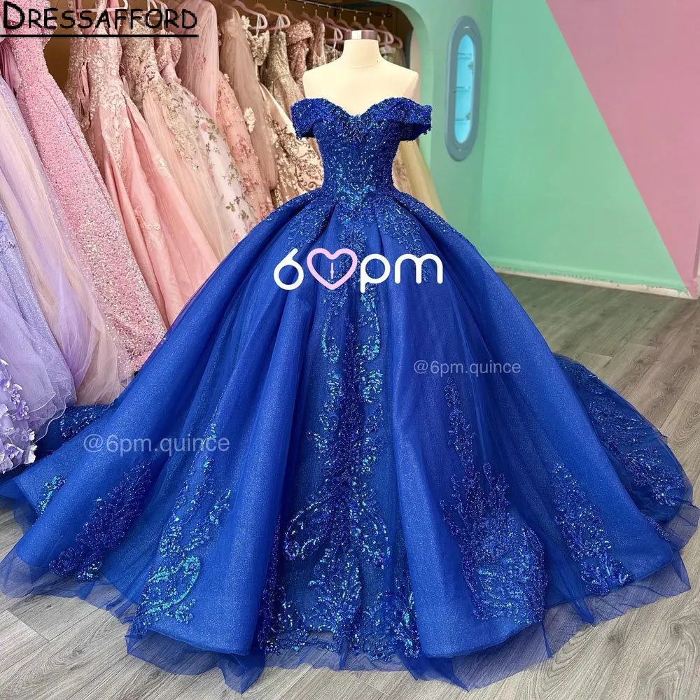 Vestido de quinceañera de encaje con apliques de lentejuelas en Azul Real, vestido de quinceañera con hombros descubiertos, corsé con cuentas de cristal Para Años XV