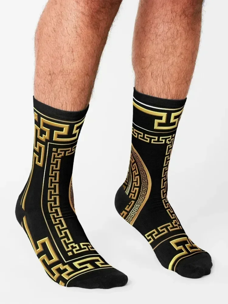 Greek Key Meander Black Gold Large Socks anti slip football with print men cotton high quality Men's Boy Socks Women's