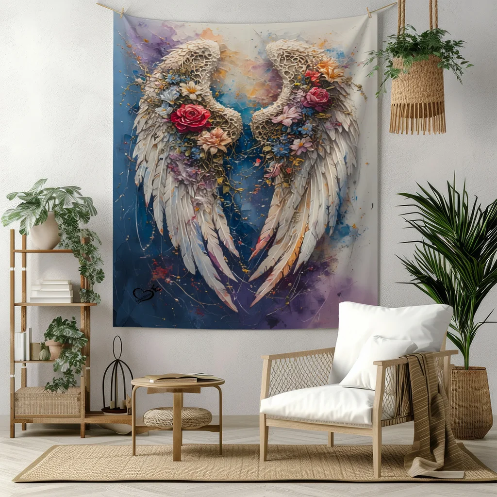 Floral Angel Wings Throw Blanket  White Feather Wings Decorated with Roses Watercolor Abstract Art Decor Sofa Bedroom Blanket