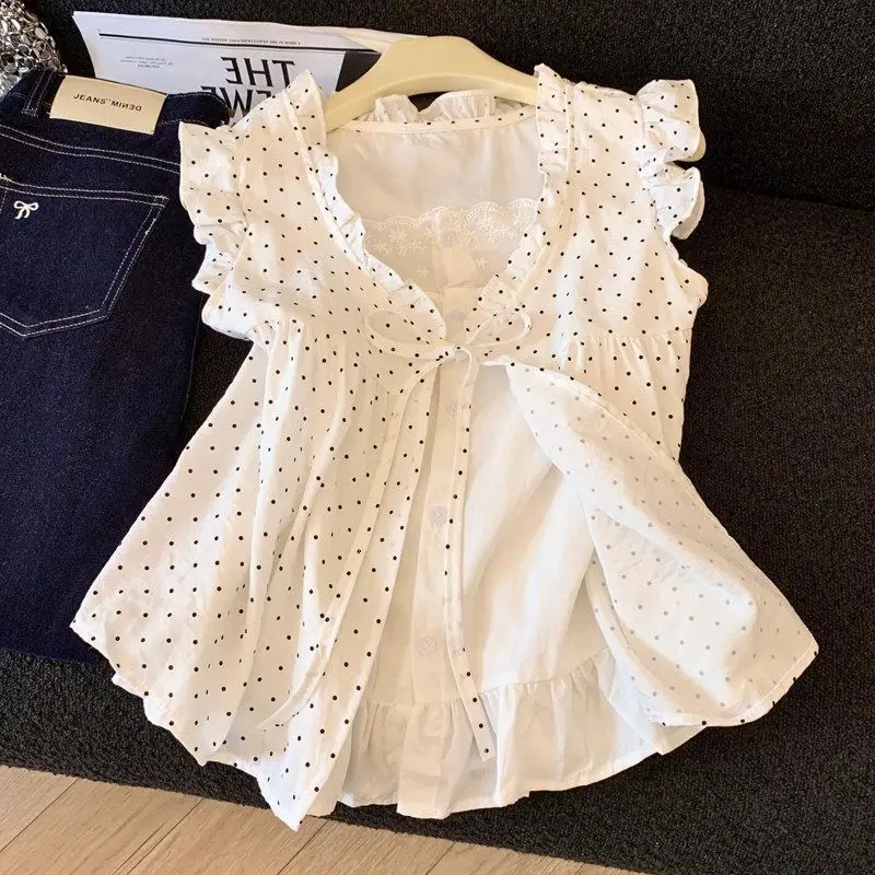 Kimotimo French Style Polka Dot Fake Two-Piece Blouse Women Flutter Sleeve Sweet Elegant Summer Shirt 2026 New Fashion Top