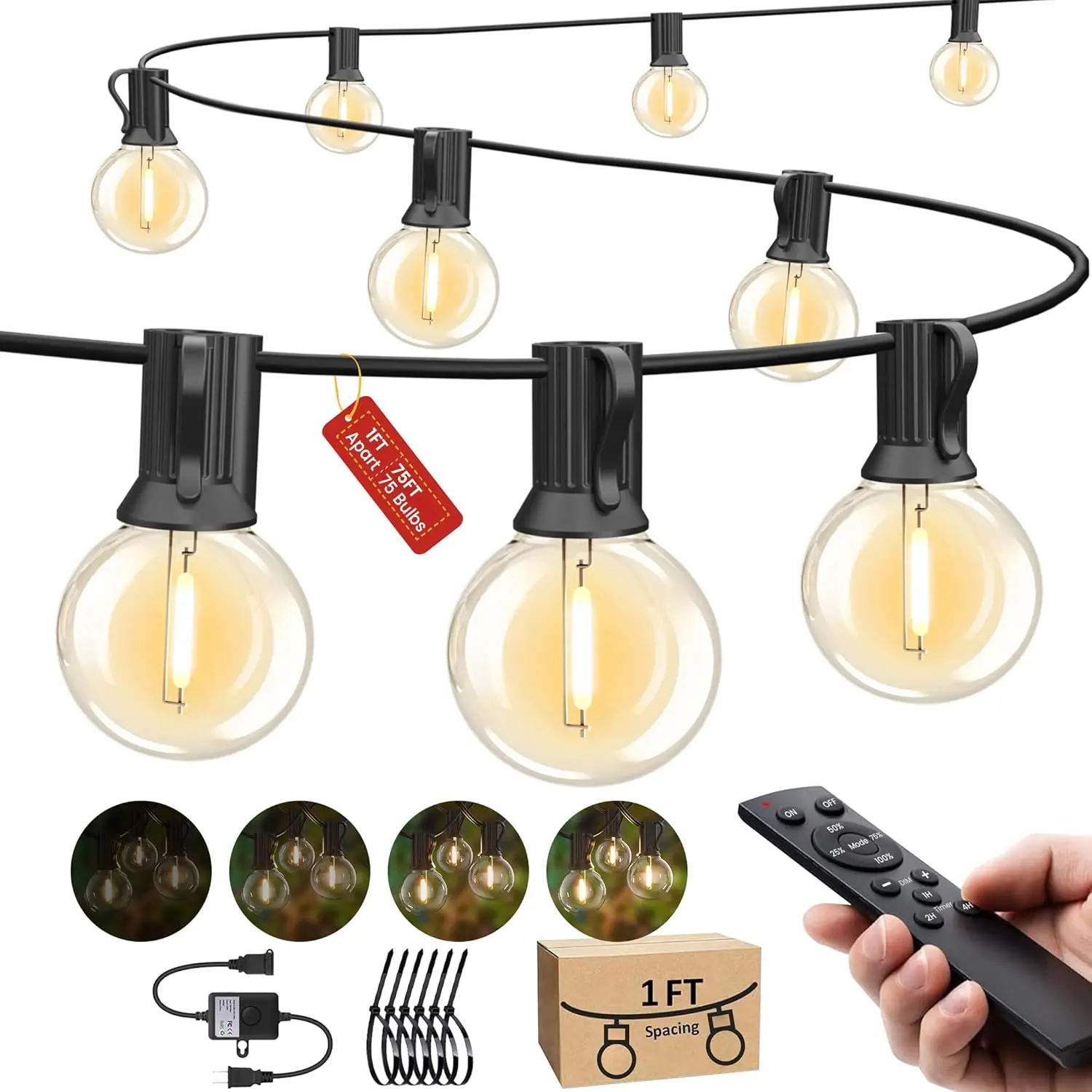 

75FT Outdoor String Lights with Remote, Dimmable, 70+5 G40 Shatterproof Bulbs, 1FT Spacing, Connectable up to 300FT, Waterproof for Patio Garden Party