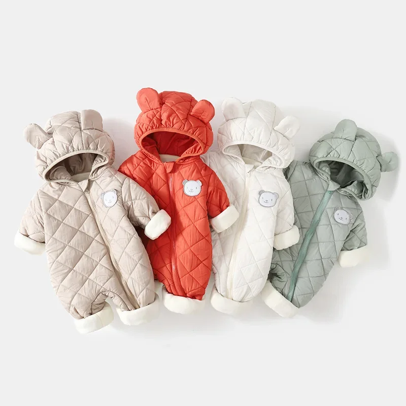 Winter Thickened Warm Baby Solid Romper Bear Embroider Patch Newborn Jumpsuit Daily Wear Toddler Clothes for 3M-3Y Boys Girls