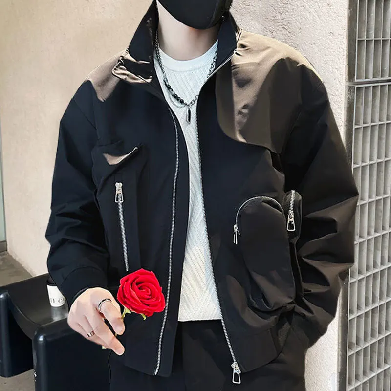 

Autumn Retro High Street Couple Bomber Jacket Solid Color Large Pocket Baseball Jacket Men Coat Lapel Jacket Male Club Outfit