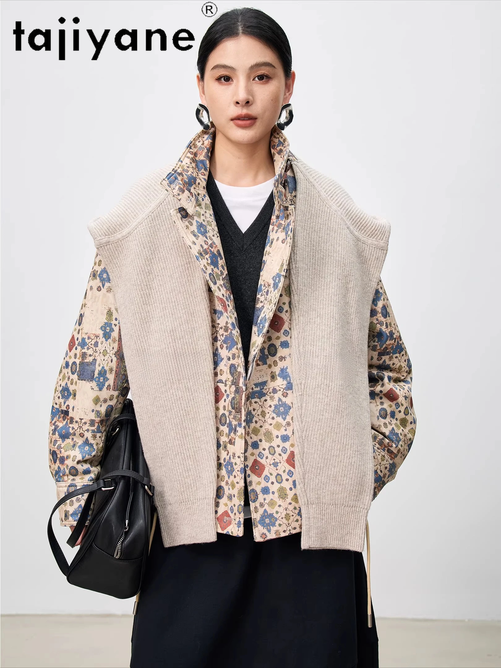 TAJIYANE シープスキン グースダウンコート レディース スタイリッシュ プリント パファージャケット ウール フード付き 本革ジャケット 2025 冬服 롱코트