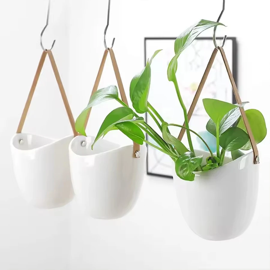 White Hanging Planter Pot with Leather Strap Modern Minimalist Wall Hanging Plant Pot for Indoor Home Decor Indoor Plant Sturdy