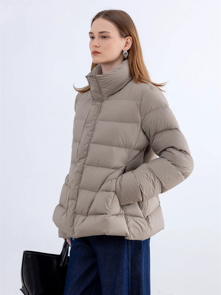 Damska kurtka streetwearowa z puchu kaczego, dopasowana, zimowa 2025, z wysokim kołnierzem, długi rękaw, puchowa kurtka, codzienna, jednolita, ciepła odzież wierzchnia INKEO DJ574