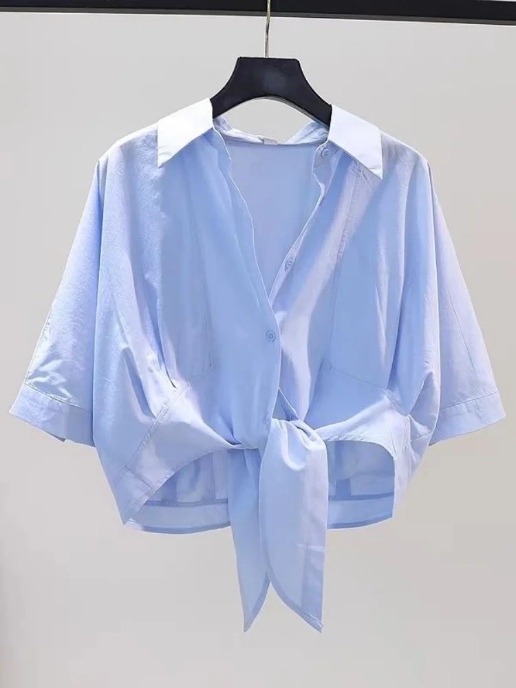 

High Quality Cotton Wrap Tops Loose Batwing Sleeve Beach Crop Top Knot Hem Unique Shirt Coats Sweet Elegant Women Casual Summer