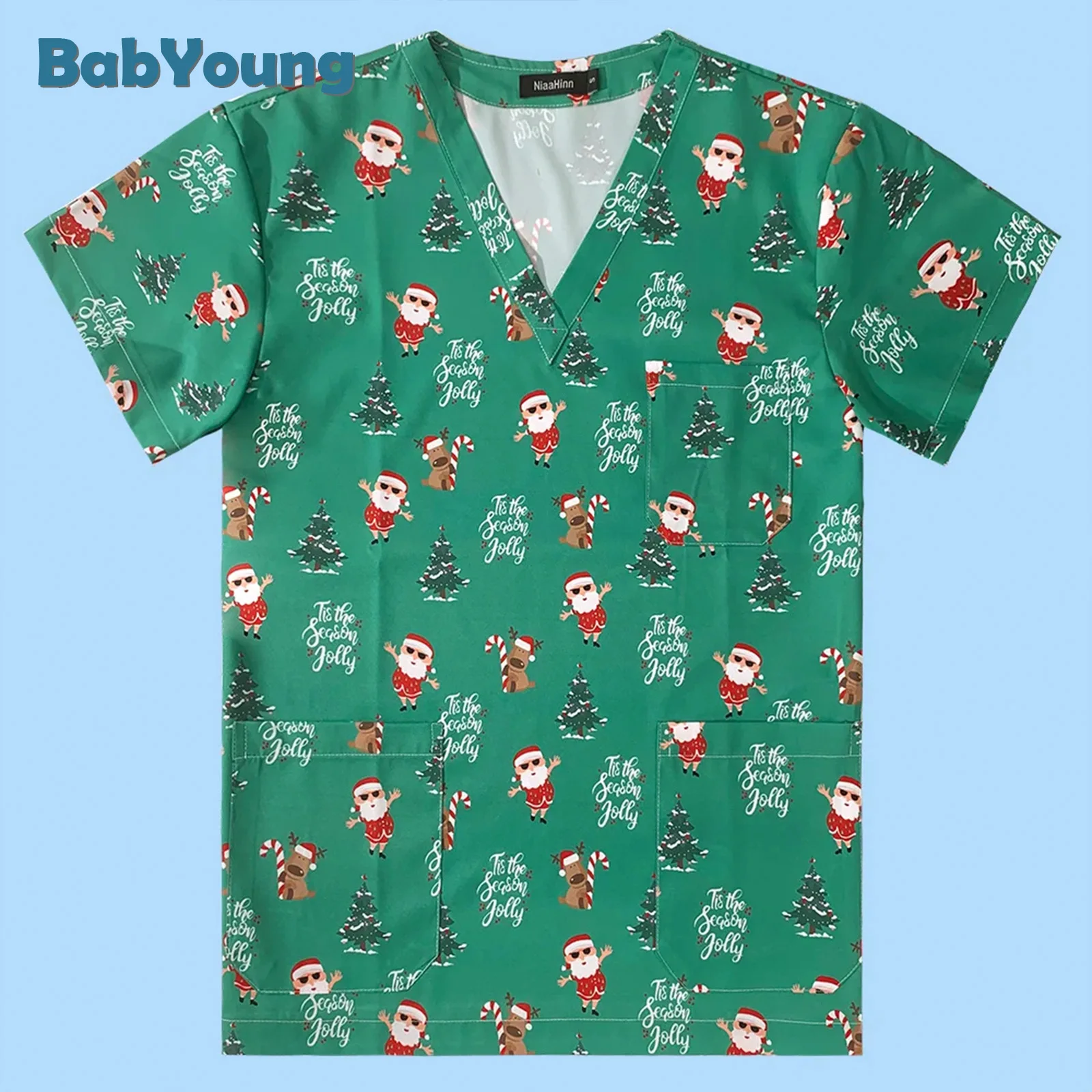 High Quality Elastic Workwear Unisex Christmas Print Nurse Uniform Shirt Short Sleeve 2023 Scrub Top VNeck Doctor